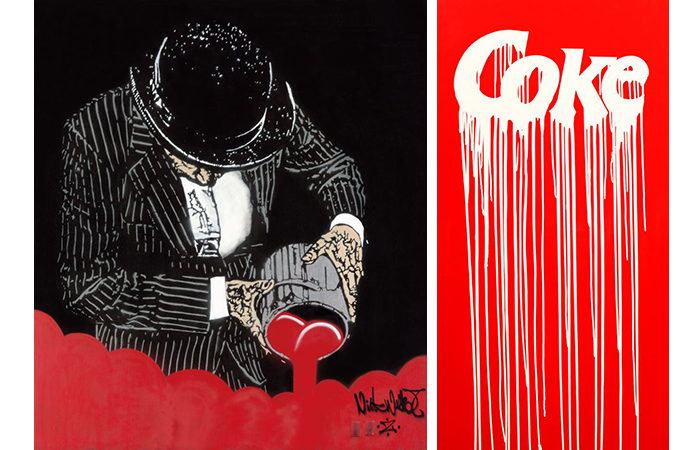 Nick Walker - See no evil, 310.5x237.5cm, Spray paint and stencil on canvas + ZEVS - Liquidated Logos Series, 126.5x62cm, Mixed Media on metal, 2008